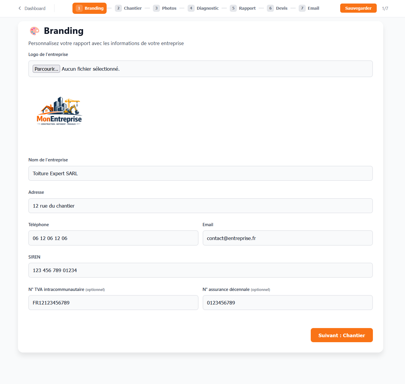 Formulaire de paramétrage entreprise avec logo et coordonnées