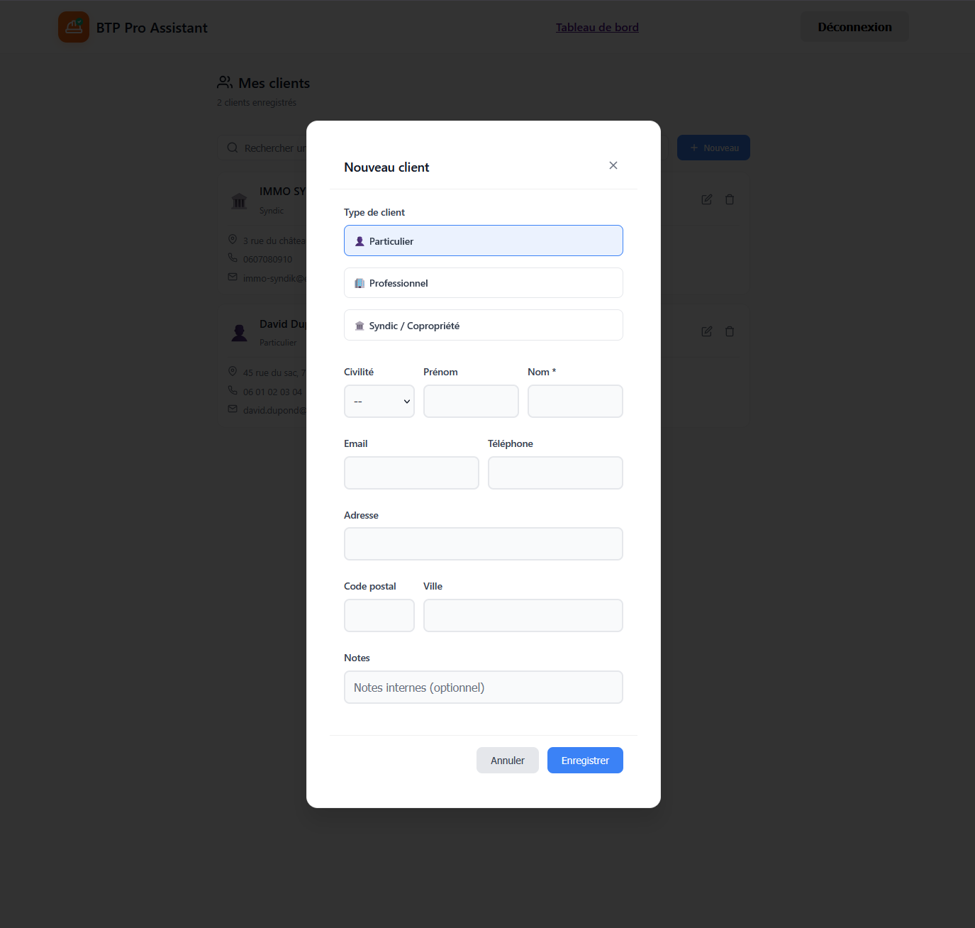 Interface de gestion des clients avec formulaire de création