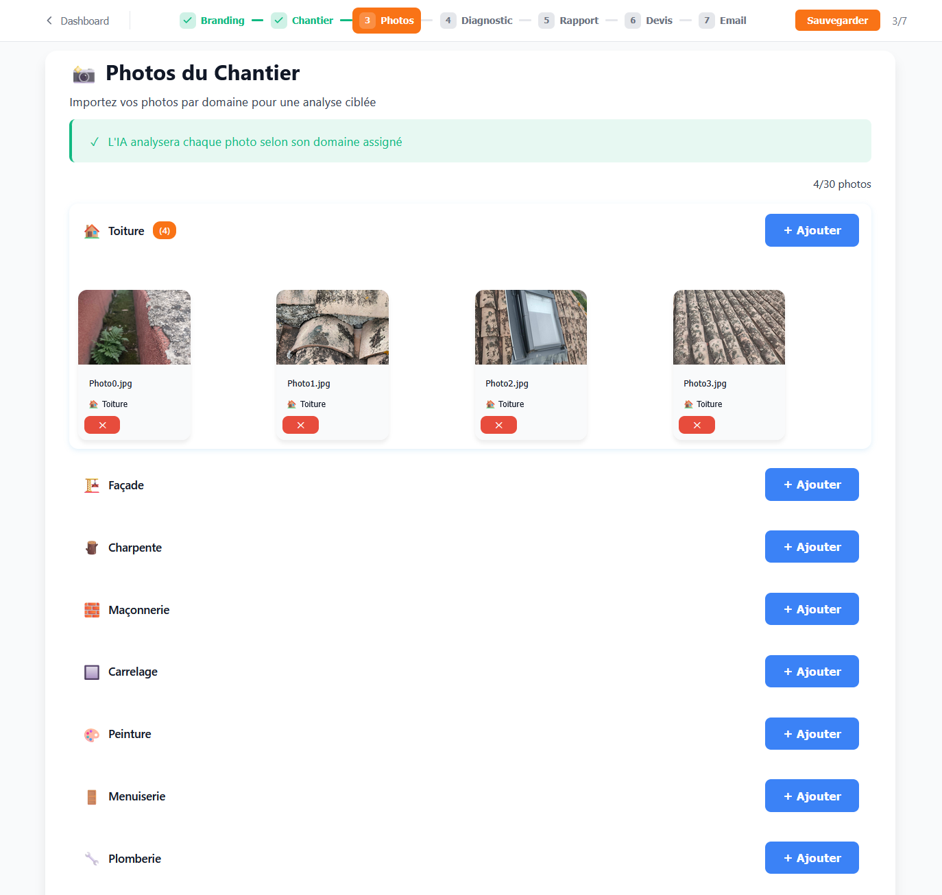 Interface d'import de photos par domaine avec drag & drop