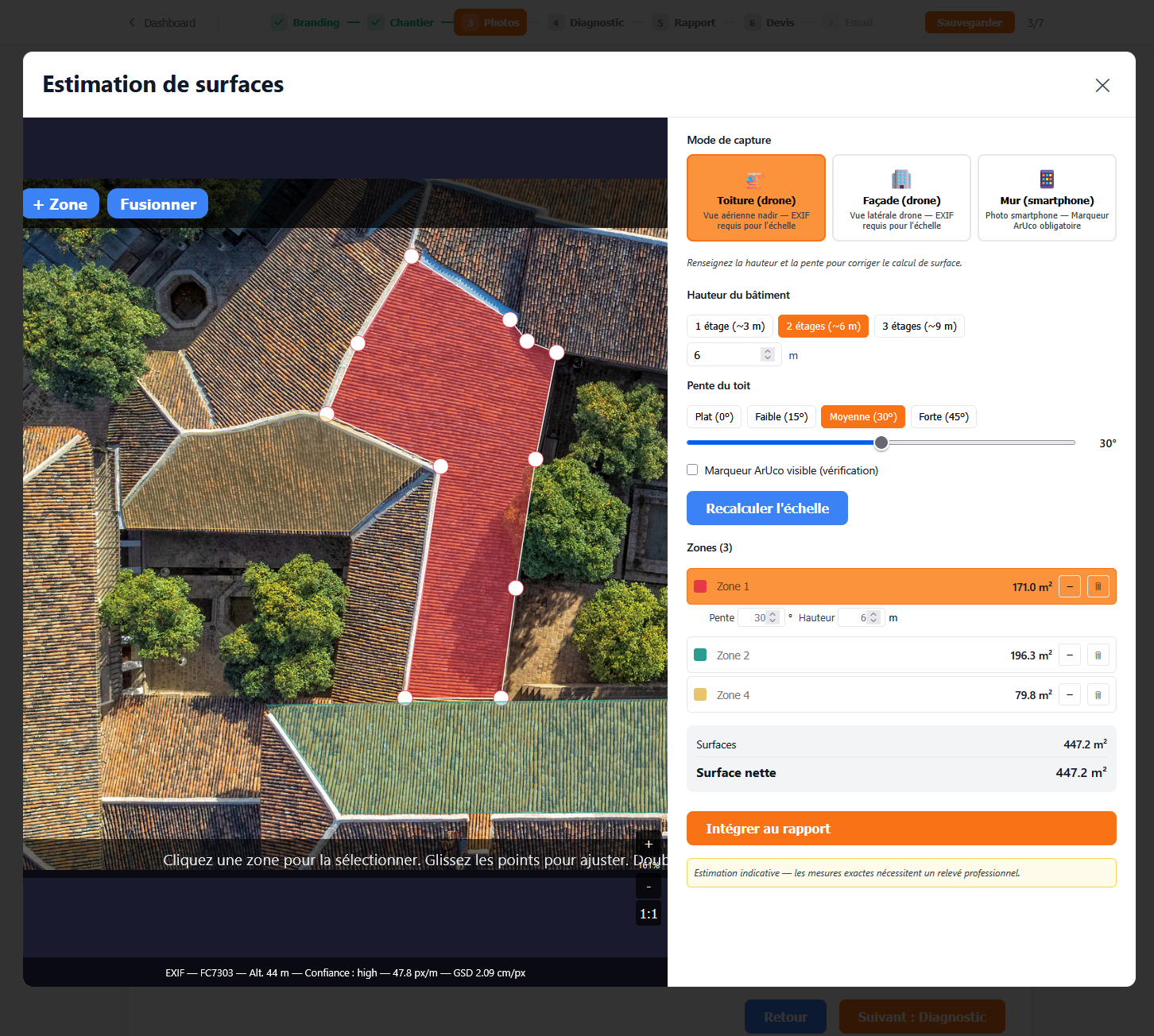 Estimation de surfaces avec zones dessinées sur photo drone