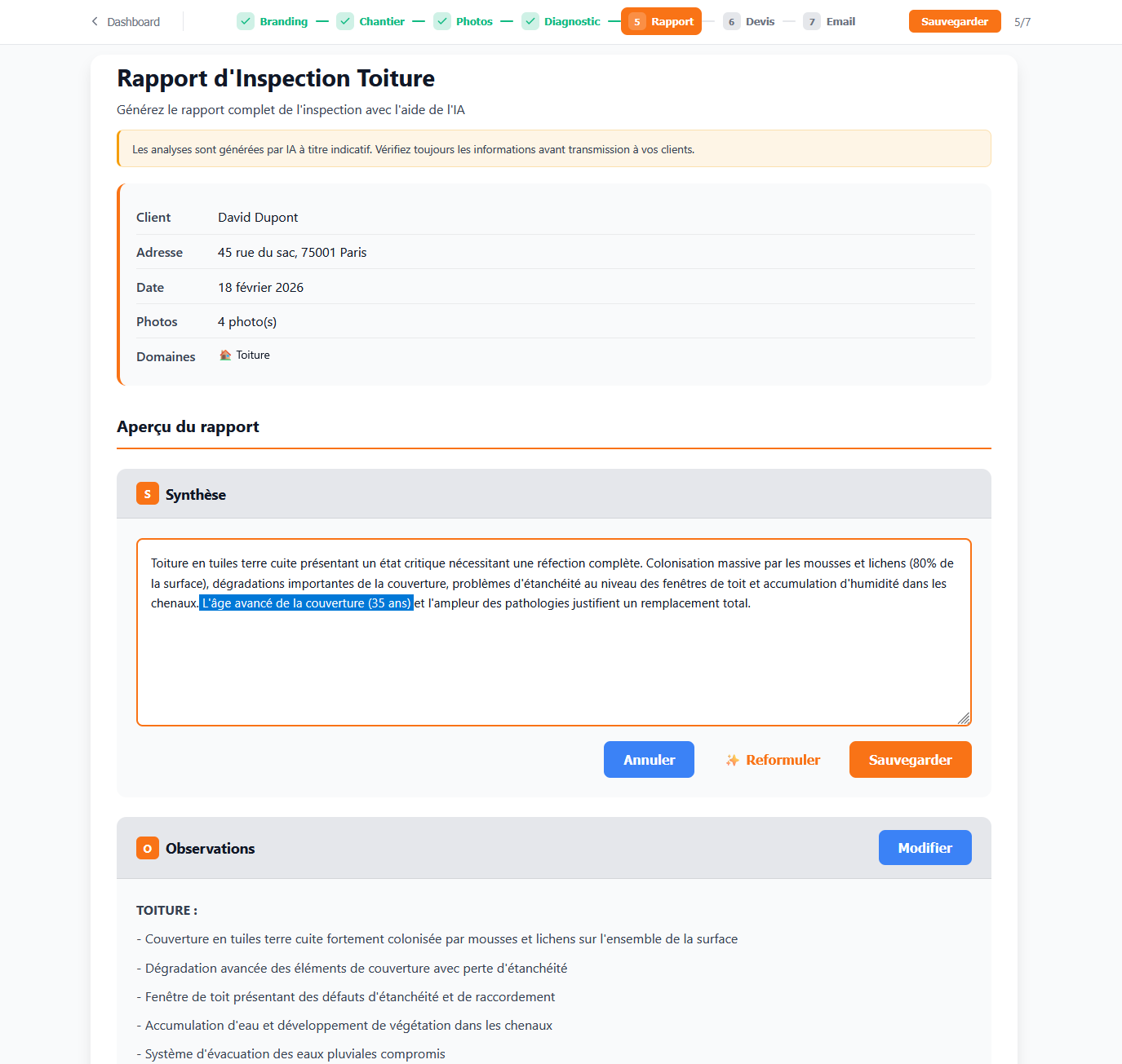 Édition de la synthèse du rapport avec reformulation IA
