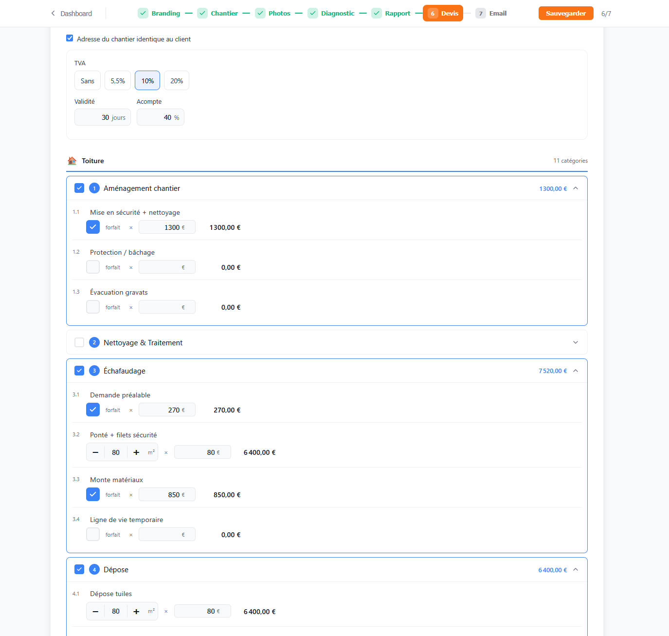 Configuration du devis : TVA, catégories et postes sélectionnés