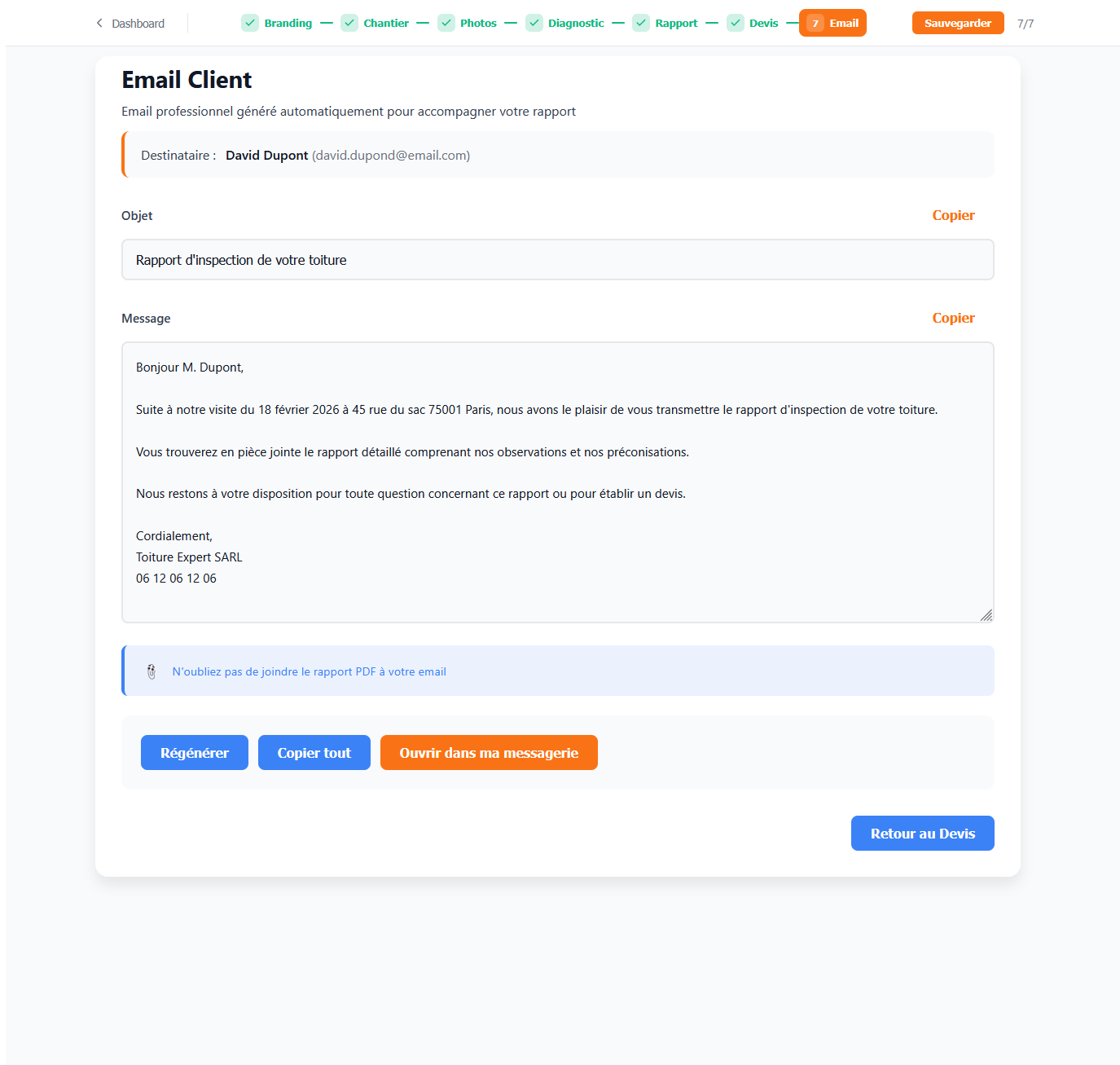 Email professionnel généré automatiquement pour le client