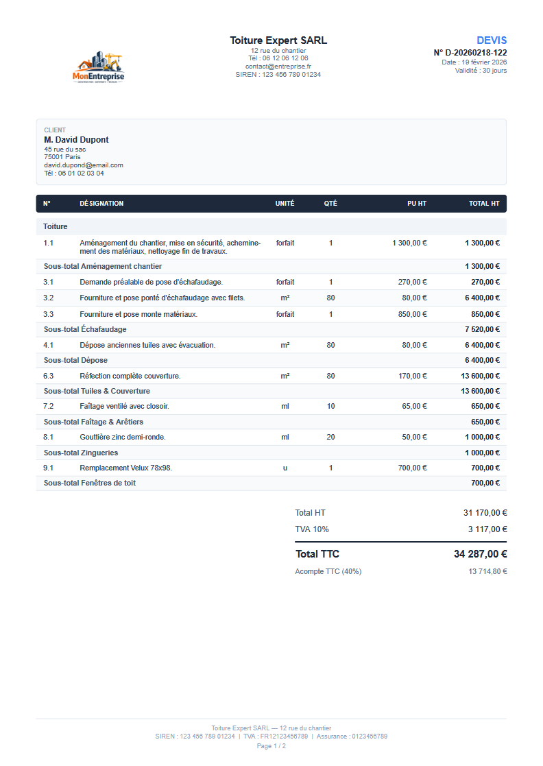 PDF Devis professionnel généré